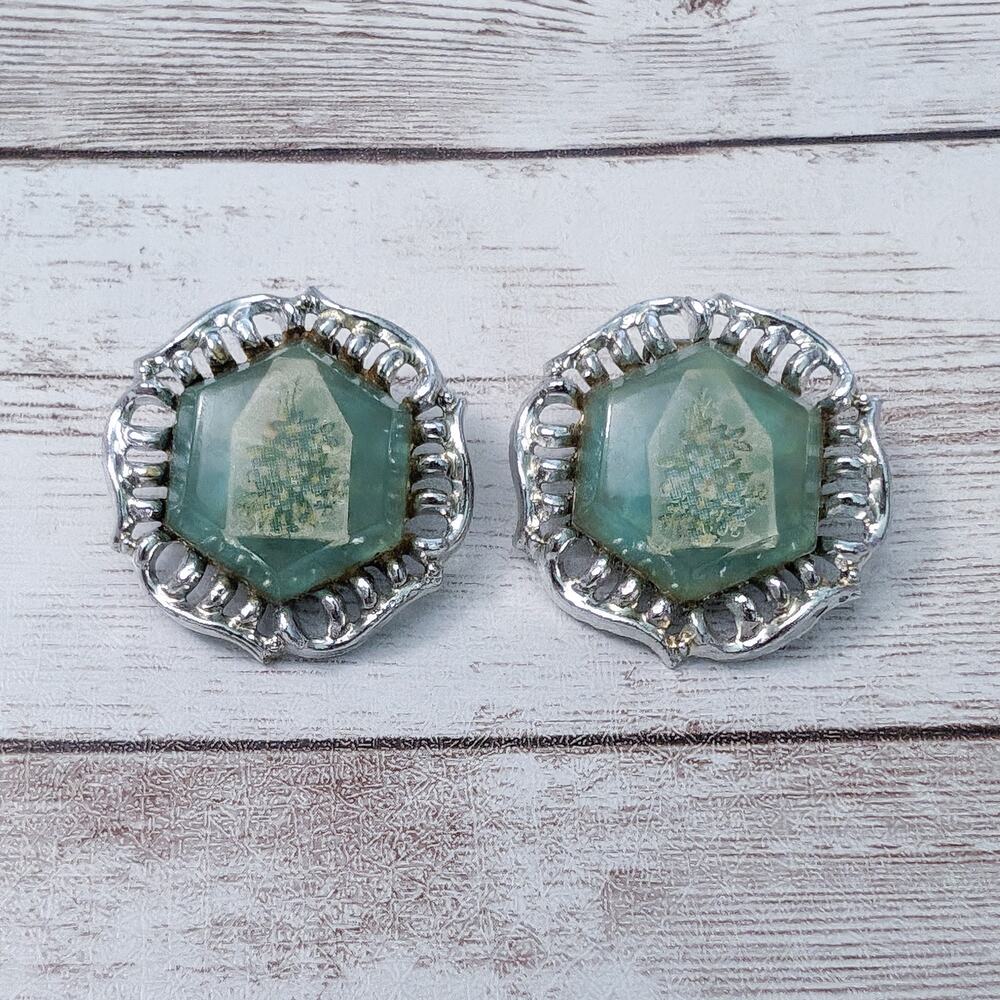 Vintage Clip On Earrings - Large Statement Green & Silver Tone